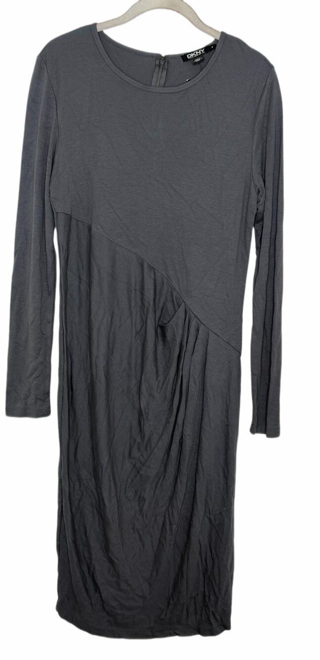 DKNY Charcoal Grey Long Sleeve Ruched Midi Dress - Size Medium NWT